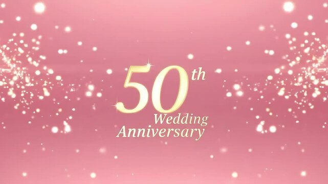 50th Wedding Anniversary. Golden number 50 on pink background with sparkles.