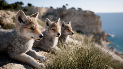 Three realistic gray wolf cubs sit on a grassy hillside, intently watching for prey while bathed in soft sunlight and vibrant colors
