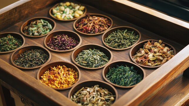 Traditional Kampo Medicine Herbs Neatly Arranged on Wooden Tray