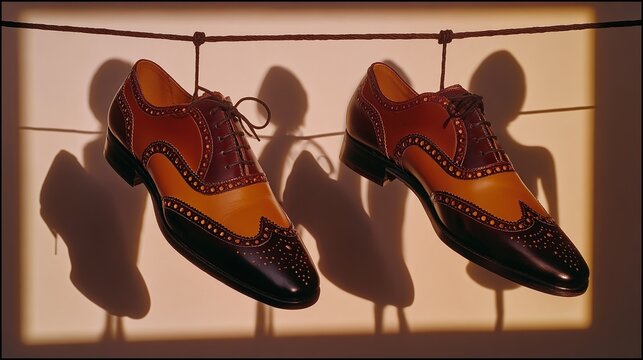Pair of wingtip dress shoes hanging from a string with shadows