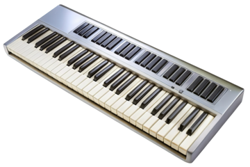 Modern silver electronic keyboard with black and white keys angled view isolated on transparent background