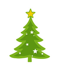 Fototapeta premium green cartoon christmas tree with yellow golden star and white stars