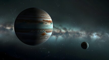 A vast, floating gas giant planet with prominent atmospheric bands, resembling Jupiter or Uranus, alongside a smaller moon, set against a star-filled galaxy.