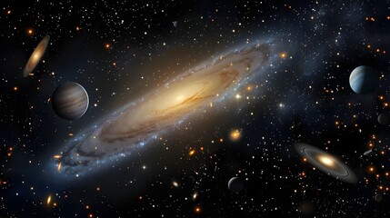 A deep space panorama showcasing a large spiral galaxy, various planets, and numerous stars, evoking the vastness of the cosmos.
