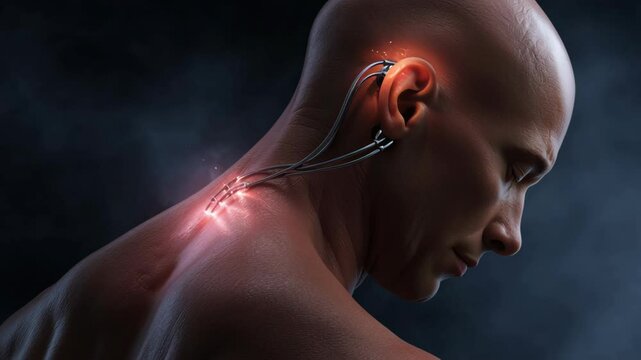 Futuristic Neural Interface Technology Connecting Brain and Medical Device Highlighting Neural Connection and Discomfort in Head and Neck Area