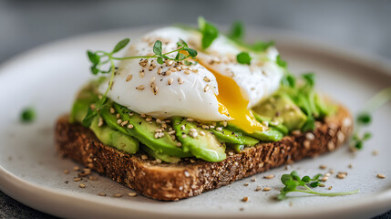 Close Up of Poached Egg and Avocado Toast with Sesame Seeds