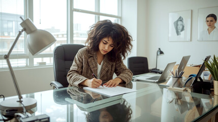 Woman working from home, focused young woman with voluminous curly hair is seated at a spacious glass-top desk in a brightly lit modern office or home workspace. She is intently writing or sketching.