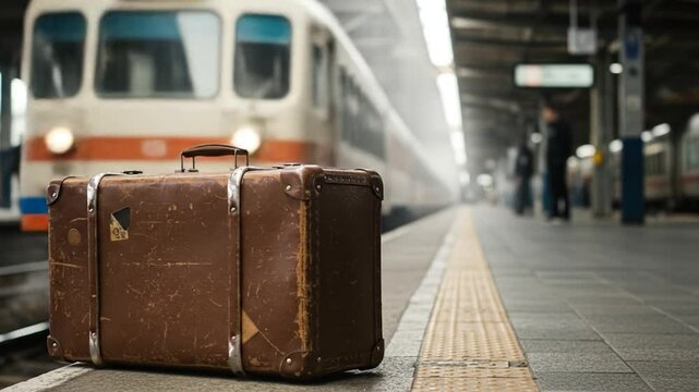 Vintage suitcase on train platform travel journey departure transportation