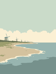 Norderney - North Sea tidal flats and windmills on horizon in gray-beige, sea blue, olive green, and ivory