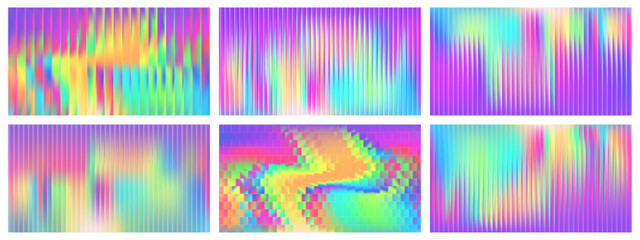 Glass gradient background set with Y2K chromatic patterns and reeded texture. Abstract neon design with fractal ribbing and prism color distortion. Iridescent glassmorphism effect for modern posters o