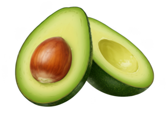Fresh ripe avocado halves with seed isolated on transparent background