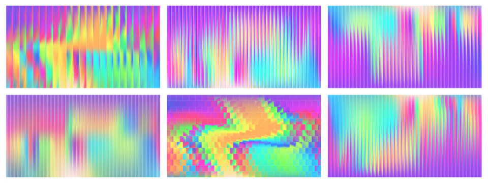 Glass gradient background set with Y2K chromatic patterns and reeded texture. Abstract neon design with fractal ribbing and prism color distortion. Iridescent glassmorphism effect for modern posters o