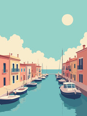 Fototapeta premium Sète - Mediterranean canals and fishing boats under bright sun in turquoise, coral, cream, and navy