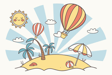 Cute summer island with palm trees, hot air balloons, and smiling sun