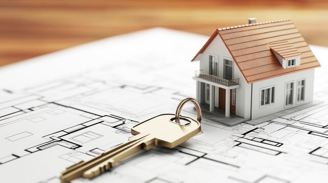 A miniature house model with a key on a blueprint. The scene is set on a wooden table with a blurred background. - Powered by Adobe