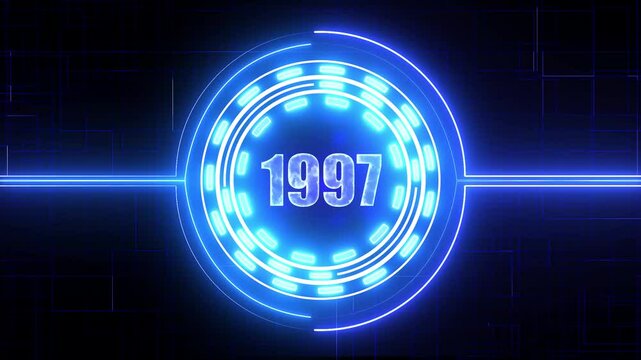 1997 text with screen effects of technological failures. Concept of counting years. Past year technology concept