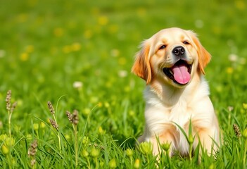 Golden retriever puppy, tongue out, panting happily in vibrant green field,   green grass, golden retriever puppy
