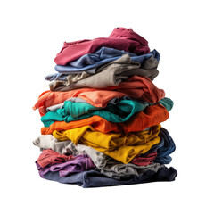 A tall stack of colorful folded clothes isolated on a transparent background display