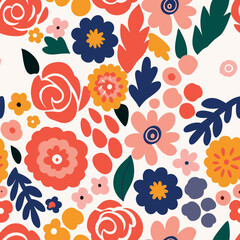 Vibrant retro floral pattern with bold coral pink and yellow blooms on white background.