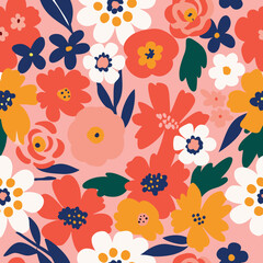 Obraz premium Vibrant retro floral pattern with bold coral pink and yellow blooms on white background.