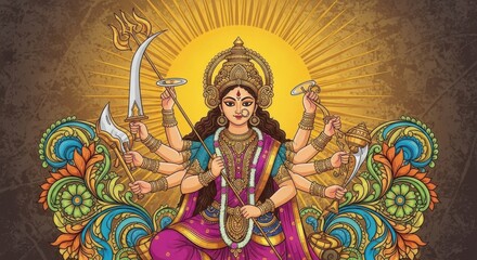 Divine Goddess Durga Amidst Radiant Sunburst and Ornate Embellishments
