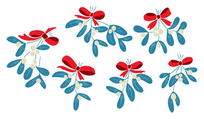 Fototapeta premium Mistletoe branches with red bows and white berries, hand drawn in simple flat style. Symbol of holiday decoration and winter celebration concept