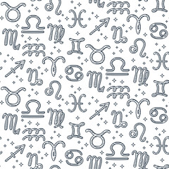 Zodiac sign pattern with hand drawn symbols and stars, seamless linear design. Concept of astrology, horoscope and cosmic energy.