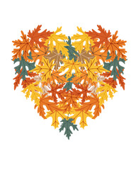 Heart shape made of colorful autumn leaves, hand drawn in flat decorative style. Concept of love, fall season and natural beauty.