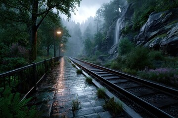 Obraz premium Scenic railway track lined with trees and a waterfall in a misty forest setting