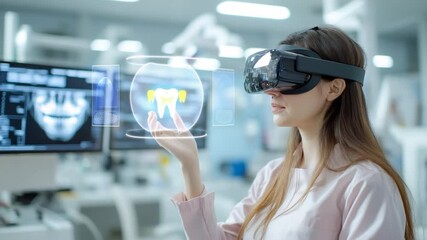 Woman engages virtual reality for advanced dental visualization - Powered by Adobe
