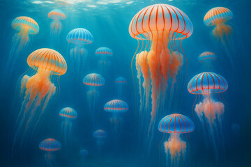 Digital Illustration of Jellyfish in a Colorful Underwater Coral Scene