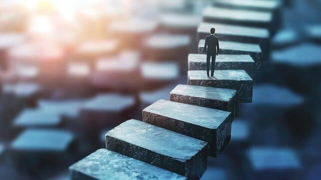 A man walking up a set of stone steps with a blurred background.