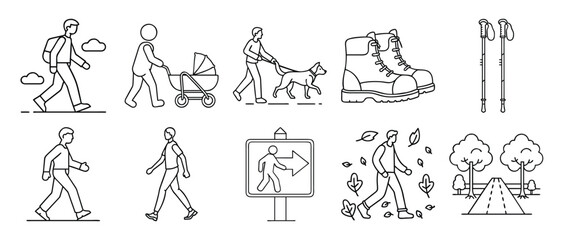 Walking Line Icons with People, Gear, and Nature - Set of 10 minimal walking icons featuring hikers, parents, pets, boots, signs, and trails in clean outline vector style.
