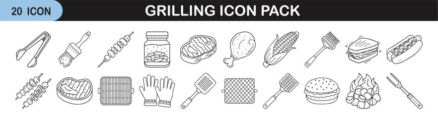 Grilling Icon Set with BBQ Tools and Food - Collection of 20 minimal grilling icons including BBQ utensils, grilled meat, vegetables, sauces, and fire in clean outline style.
