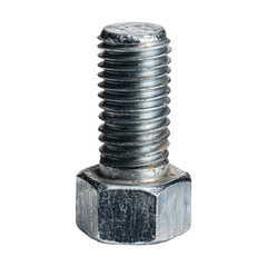 Close-up photograph of a steel bolt isolated against a transparent background