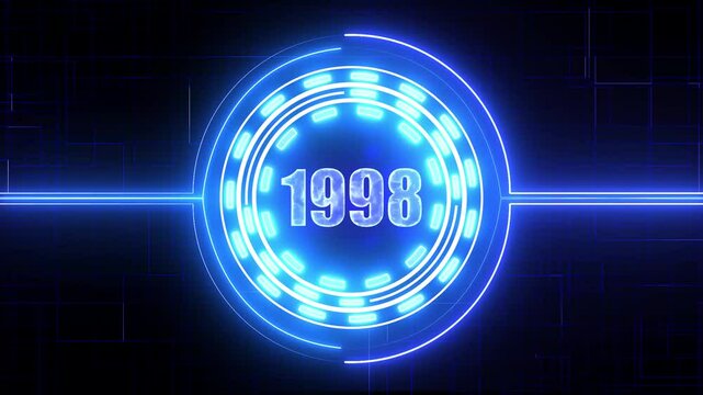1998 text with screen effects of technological failures. Concept of counting years. Past year technology concept