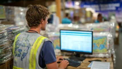 Over-the-shoulder view of a volunteer entering recipient data into a digital tracking system, with a backdrop of stacked aid boxes and printed distribution maps on the wall