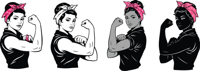 Strong Woman Breast Cancer Awareness Vector – Feminist Empowerment Pose with Pink Ribbon and Headscarf Illustration .