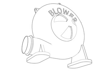 Industrial Air Blower Technical Drawing. Monochrome Line Art Illustration: Centrifugal Fan Electric Turbine Device for Ventilation Systems. Outline Blueprint Schematic, Mechanical Engineering Design