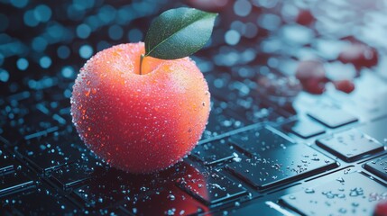 A vibrant red apple with a green leaf on a black keyboard with water droplets.
