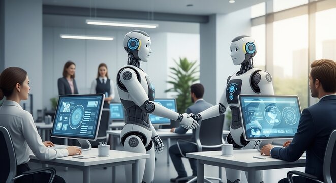 Two robots shaking hands in a modern office setting, with human colleagues working at desks.
