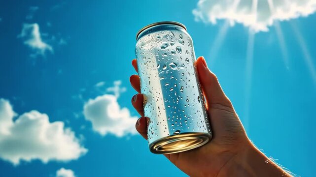 Refreshing cold drink can with water droplets in hand against blue sky, clouds, sun.