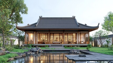 Obraz premium A traditional Chinese-style pavilion with a tiled roof and wooden windows, surrounded by lush greenery and a small pond.