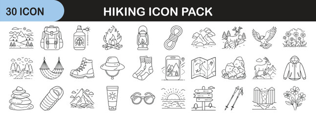 Minimal Line Icons for Hiking Essentials - Set of 30 clean, minimal hiking and camping icons including gear, maps, boots, and outdoor essentials in line style.
