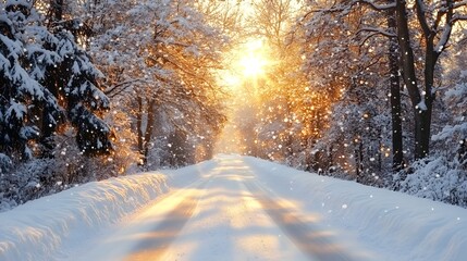Peaceful Winter Road With Snowfall and Bright Sunrise Through Trees