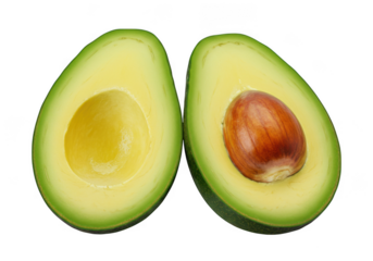 Freshly halved avocado with seed and empty cavity isolated on transparent background