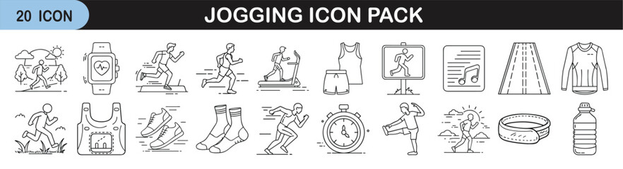 Jogging and Running Line Icon Set - Set of 20 minimal jogging icons featuring runners, stopwatch, shoes, clothing, hydration, and fitness accessories in outline style.
