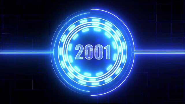 2001 text with screen effects of technological failures. Concept of counting years. Past year technology concept
