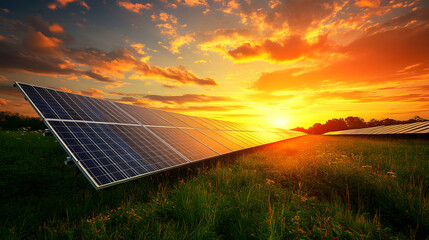  A Vast Field of Solar Panels at Sunset. The golden hour light reflects on the panels, symbolizing renewable energy, sustainability, and technology in harmony with nature. Clean energy concept. 