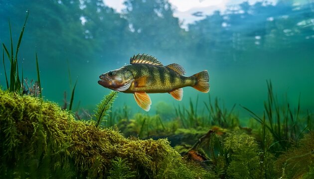 big freshwater perch in pristine waters surrounded by lush greenery ideal for fishing fans and nature enthusiasts looking for stunning aquatic imagery